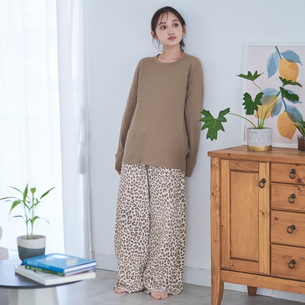 アニマルスキン柄 ワッフル ルームウェア 長袖上下セット