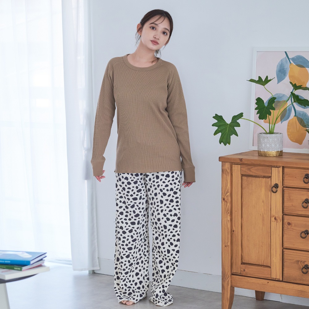 アニマルスキン柄 ワッフル ルームウェア 長袖上下セット