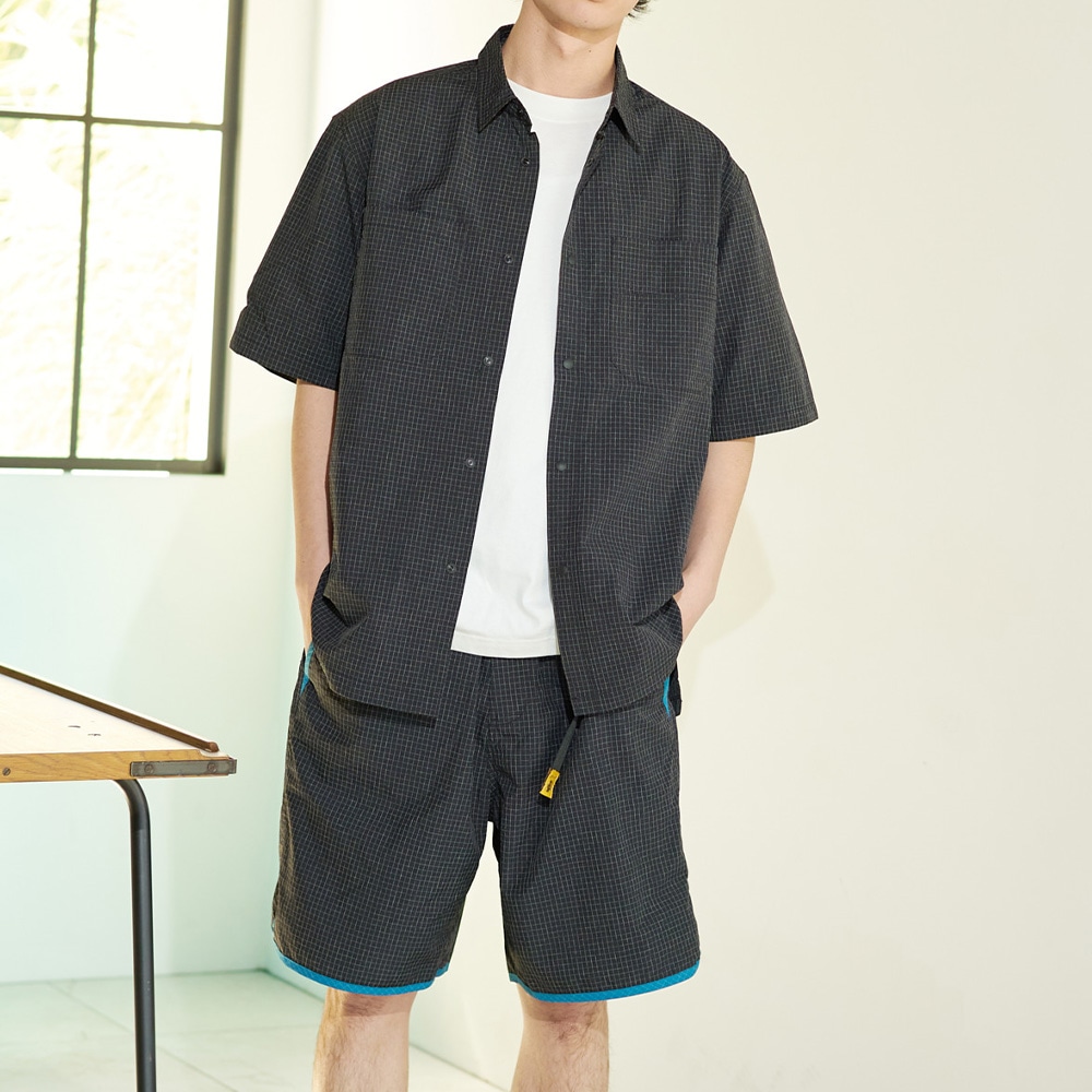 ナイロンリップストップ 半袖スナップシャツ(撥水加工)