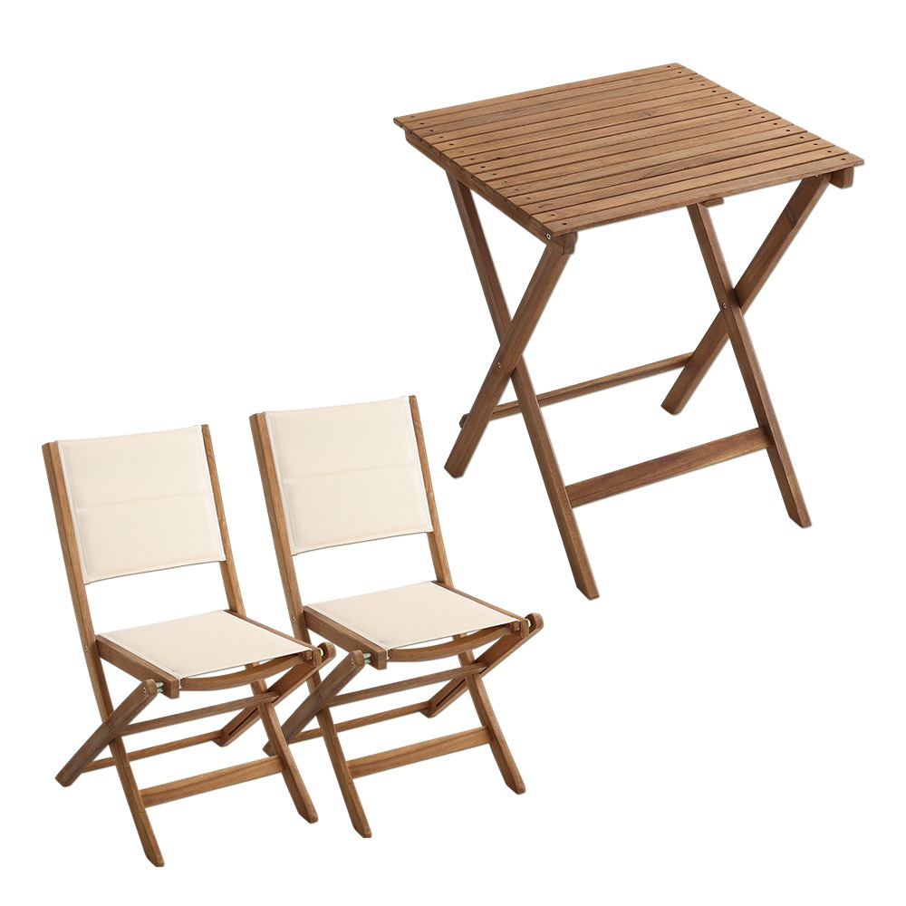 アカシア材 折り畳みテーブル & チェア 3点セット カバー付き