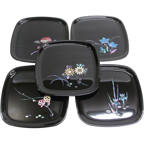 銘々皿 高岡漆器 絵変り貝入 (5枚組 化粧箱付)