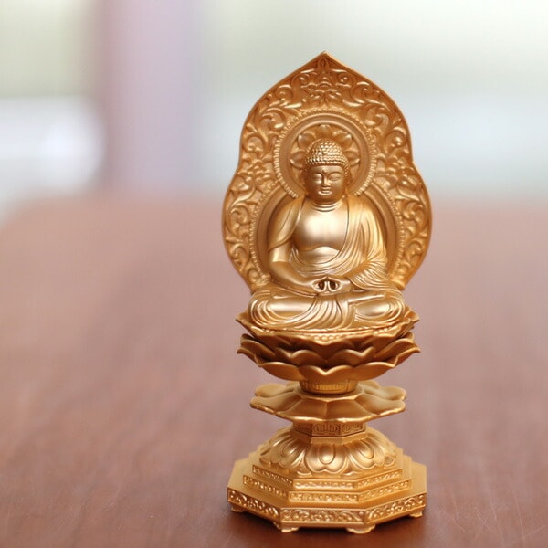 仏教美術　木彫鍍金　阿弥陀如來座像　仏像　厨子付　V　8159 仏像】 阿弥陀如来座像 15.0cm （純金メッキ） | 仏具,仏像(金属製