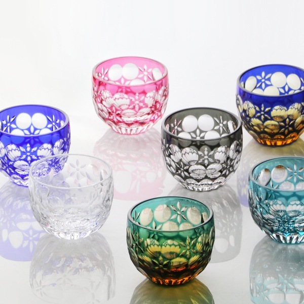 骨董　時代ガラス　切子　花　松葉　黄色　ウランガラス　反り口碗型　盃　猪口　１客 c05e0d01ca185b2a70dc0aa4768cbc