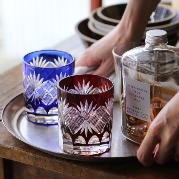 色被せ硝子　ルリ切子　5枚　深 色被せ硝子ルリ切子5枚深