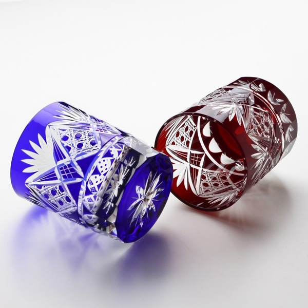 田島硝子 オールド ペア 八角籠目紋・菊底（赤・ルリ