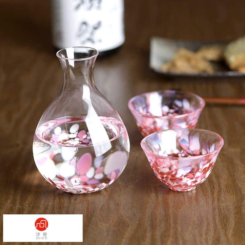 津軽びいどろ 桜吹雪 花筏のような徳利 おちょこ 3点セット とっくり
