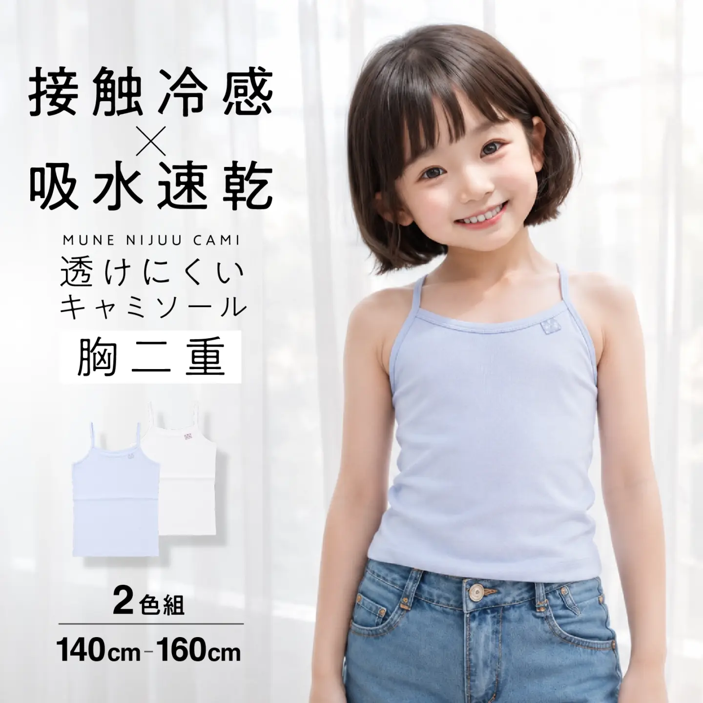 【女の子】接触冷感＆吸水速乾 胸二重キャミソール 2枚組 サックス・ホワイト 140cm～160cm【猛暑対策に】