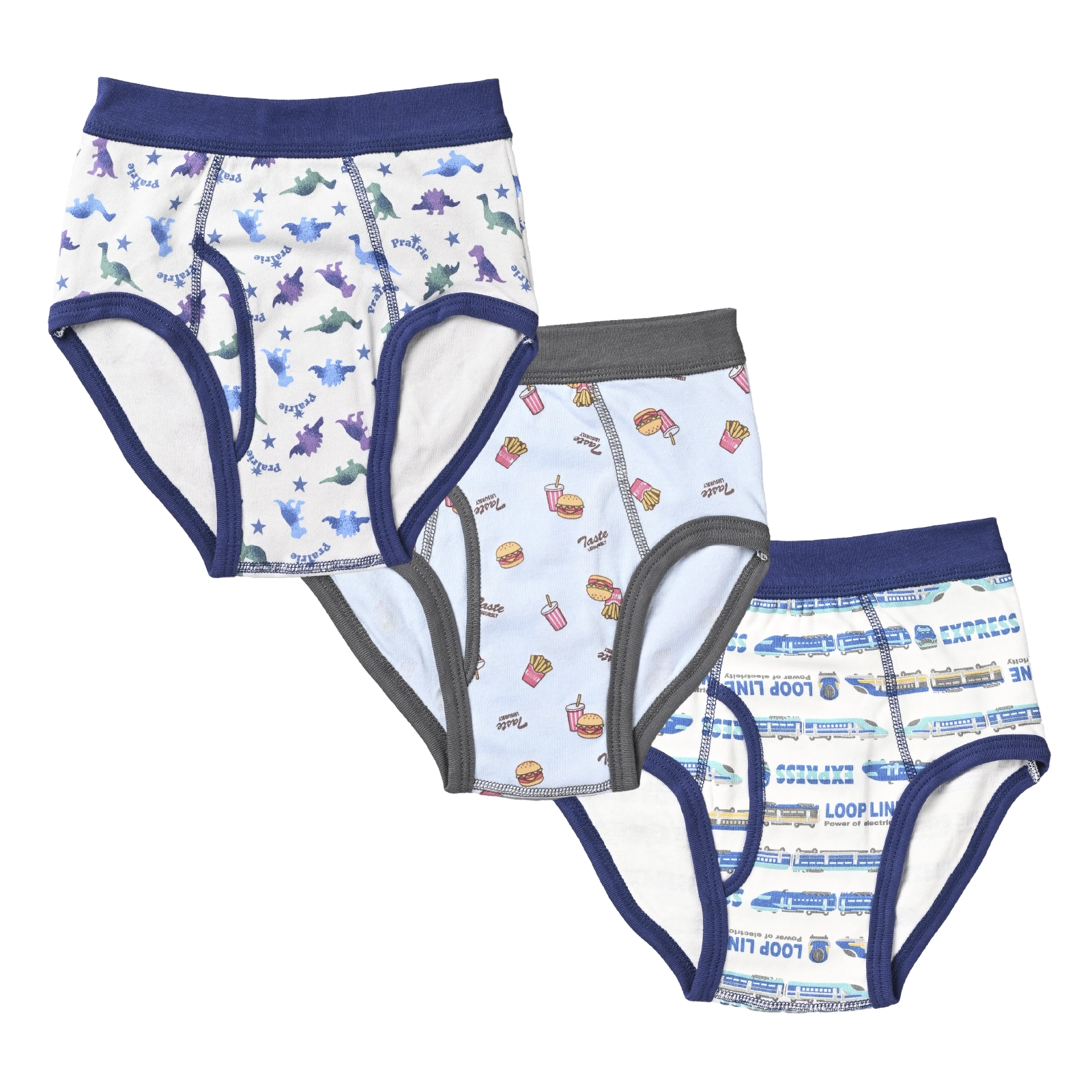 【男の子】キッズ 男児ブリーフ 3枚組 恐竜＆ハンバーガー＆電車柄/前開き 90cm・100cm・110cm・120cm・130cm【本体：綿100％】