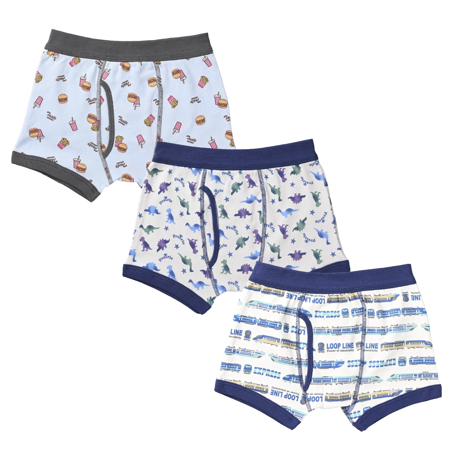 【男の子】キッズ 男児ボクサーブリーフ 3枚組 恐竜＆ハンバーガー＆電車柄/前開き 90cm・100cm・110cm・120cm・130cm【本体：綿100％】