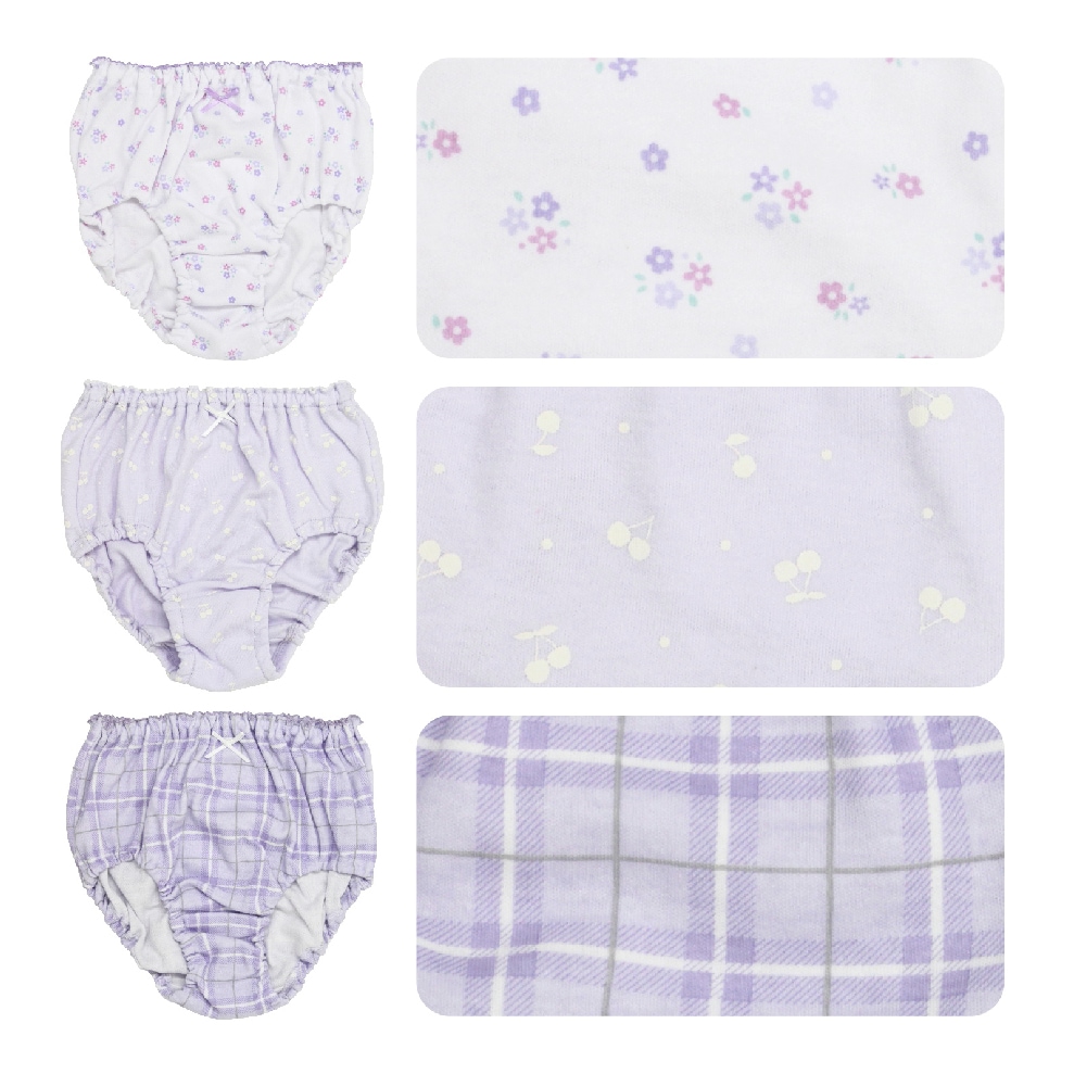 【女の子】キッズジュニアショーツ　5枚組　パープル総柄　100～165cm【綿100％】