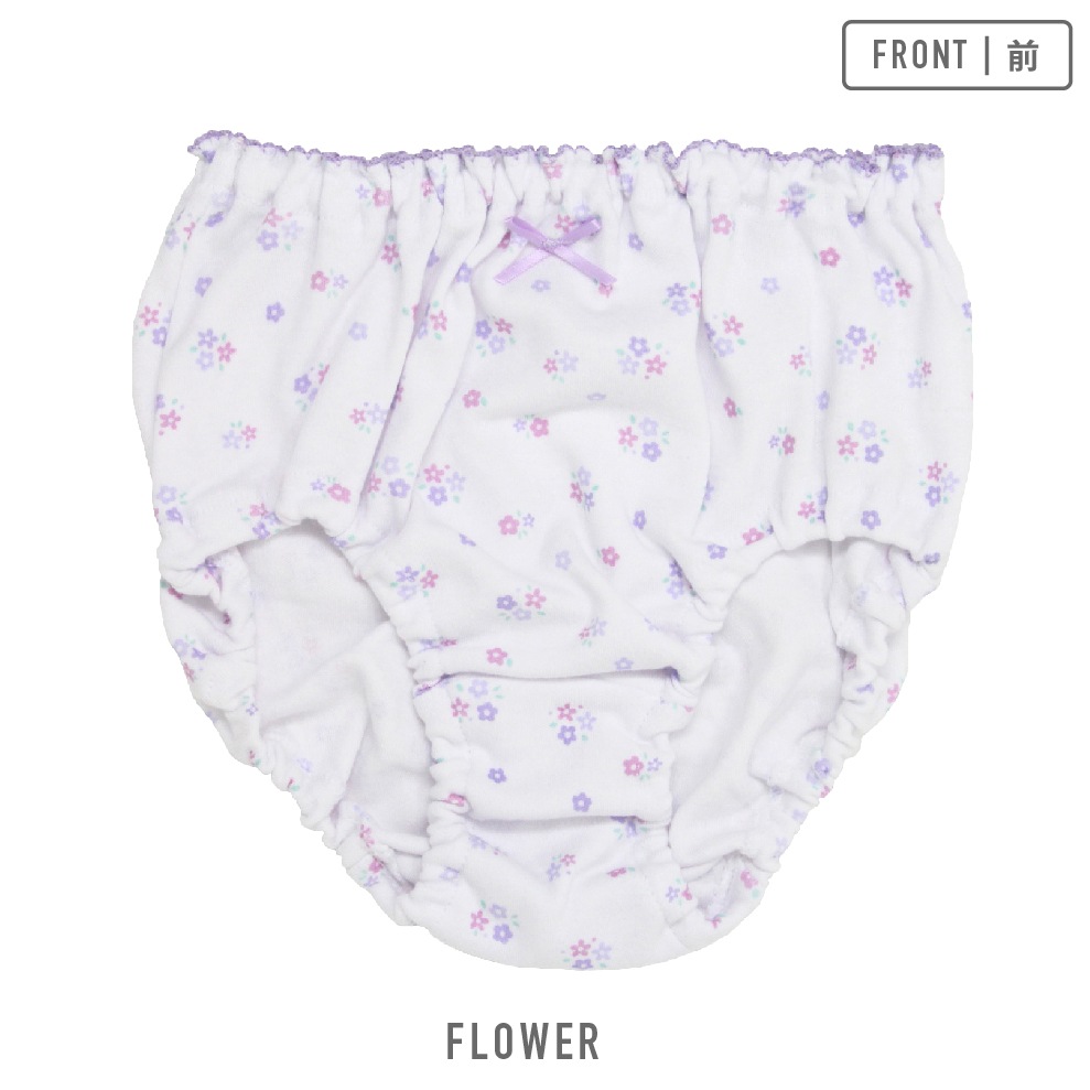 【女の子】キッズジュニアショーツ　5枚組　パープル総柄　100～165cm【綿100％】