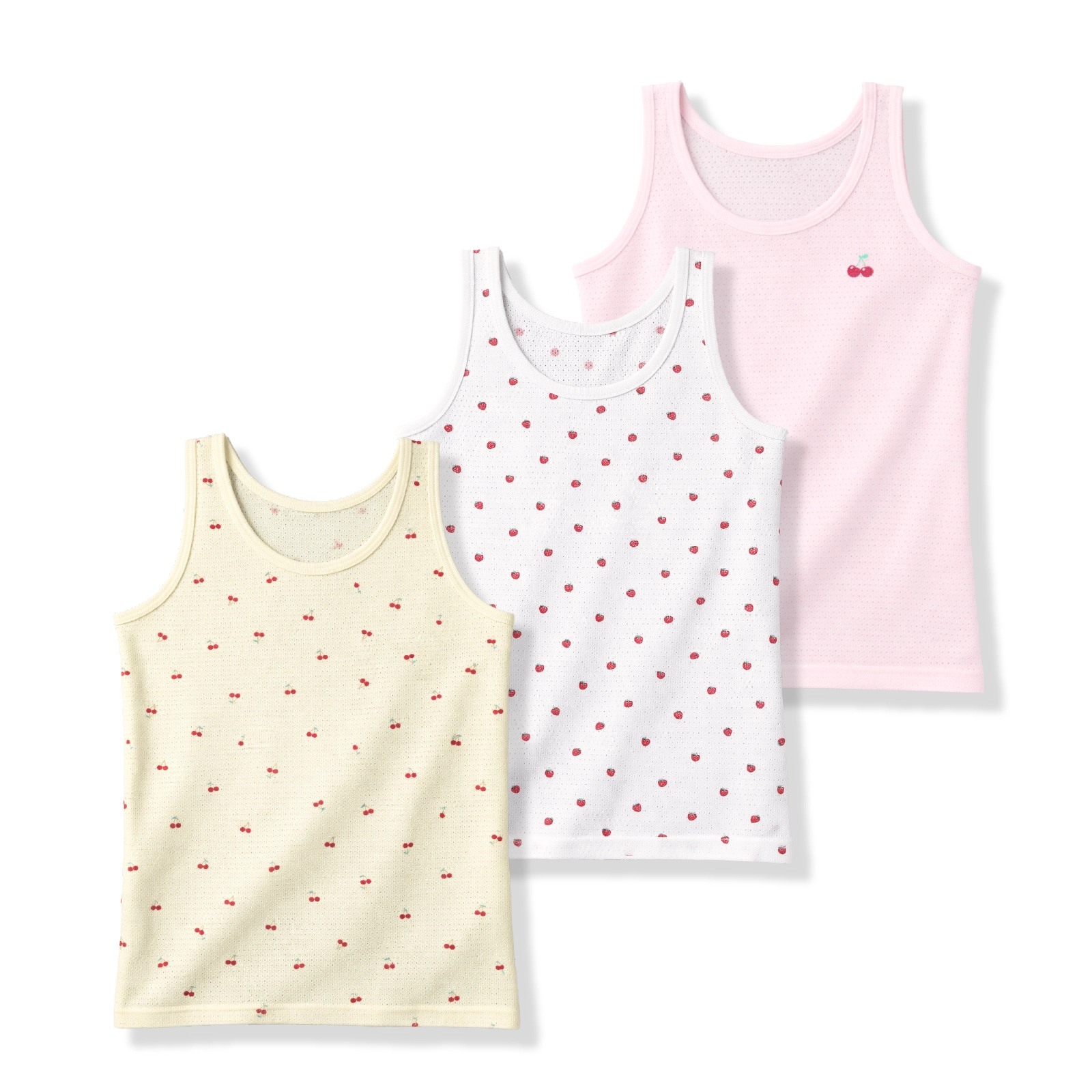 【女の子】キッズ女児タンクトップ チェリー&いちご柄 3枚組 天竺メッシュ生地 90cm・100cm・110cm・120cm・130cm【綿100%】