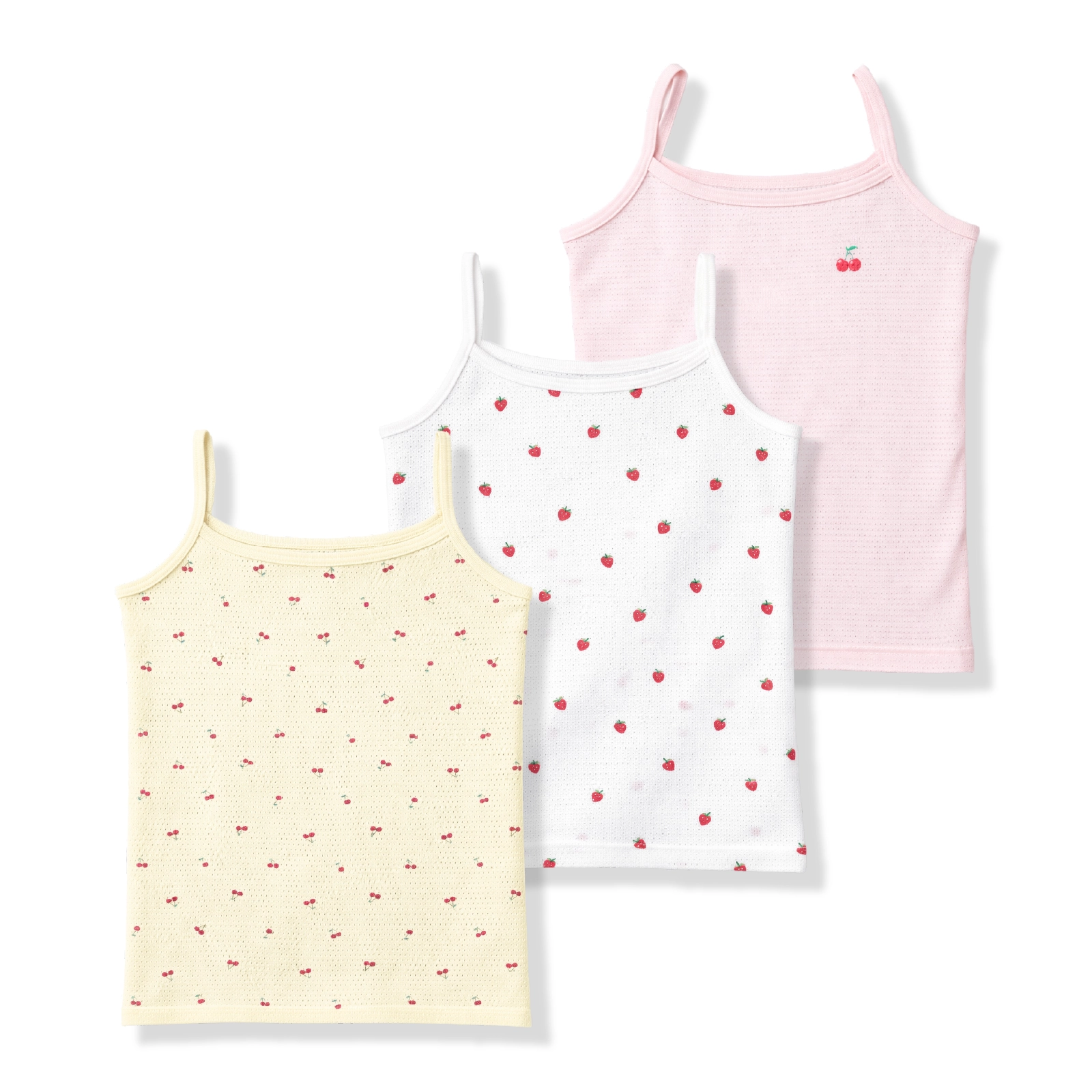 【女の子】キッズ女児キャミソール チェリー＆いちご柄  3枚組 天竺メッシュ生地 90cm・100cm・110cm・120cm・130cm【綿100％】