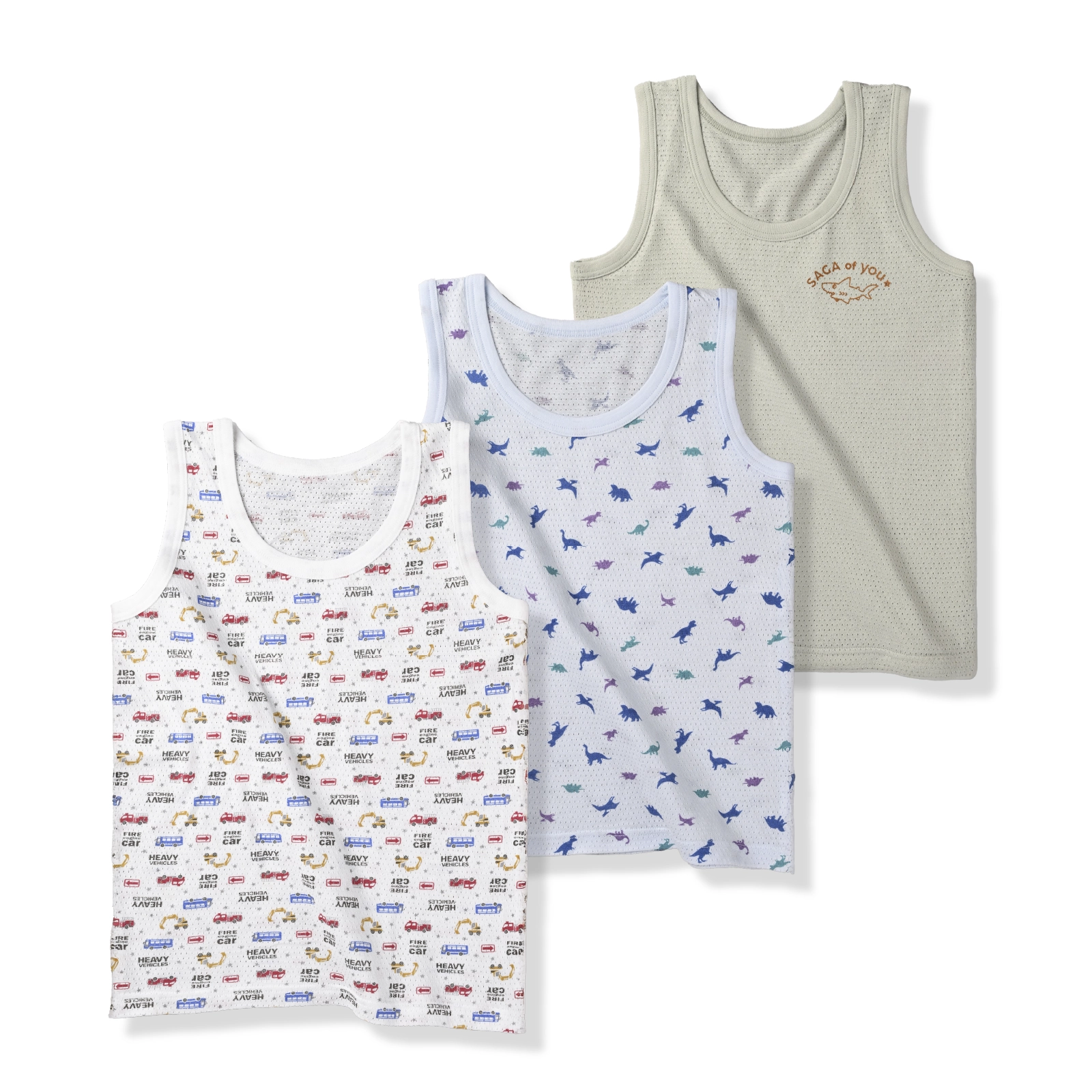 【男の子】キッズ男児タンクトップ 3枚組 恐竜・乗り物・サメ柄 天竺メッシュ生地 90cm・100cm・110cm・120cm・130cm 【綿100％】