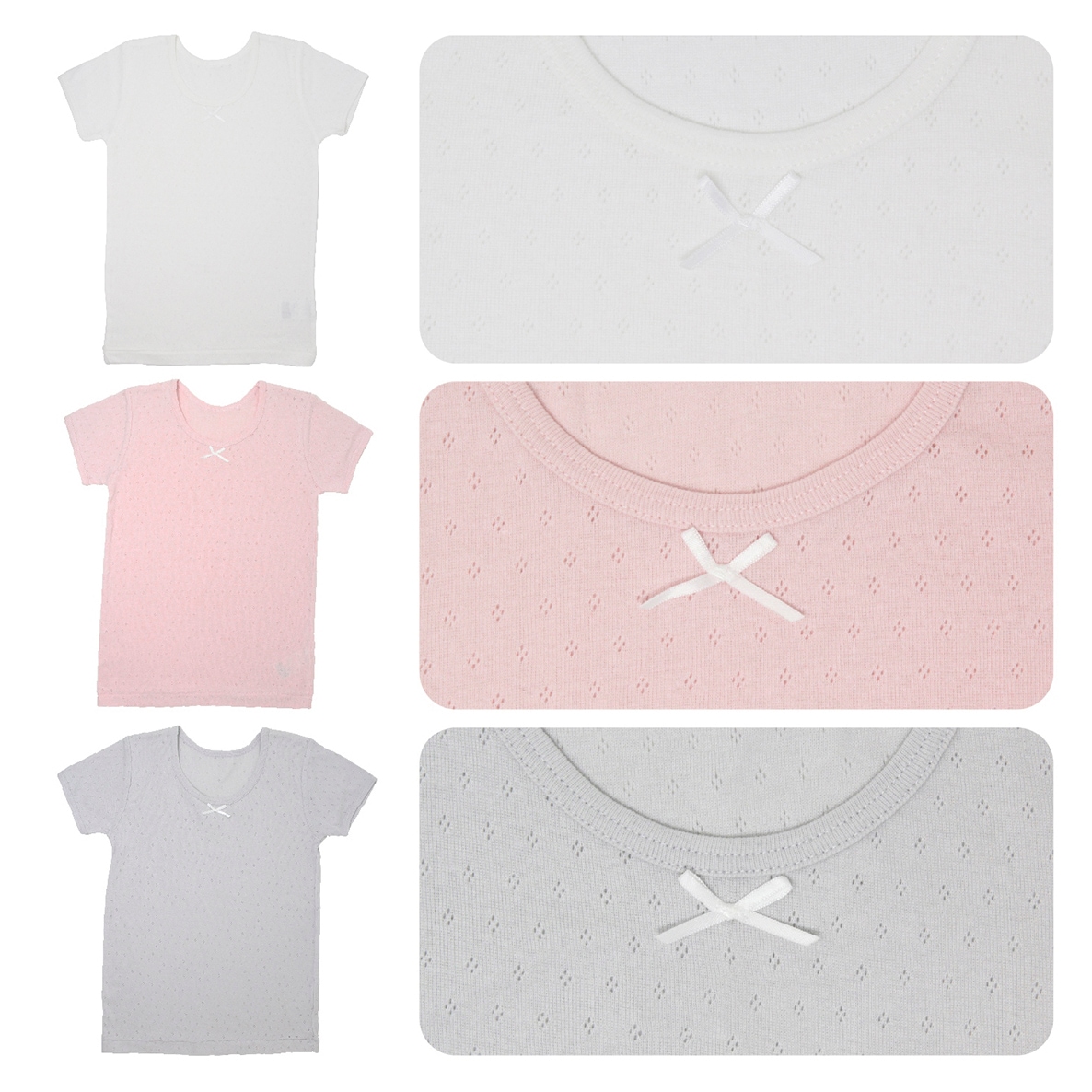 【女の子】キッズジュニア三分袖インナー 3枚組 パターンメッシュ生地 100～160cm 【綿100％】