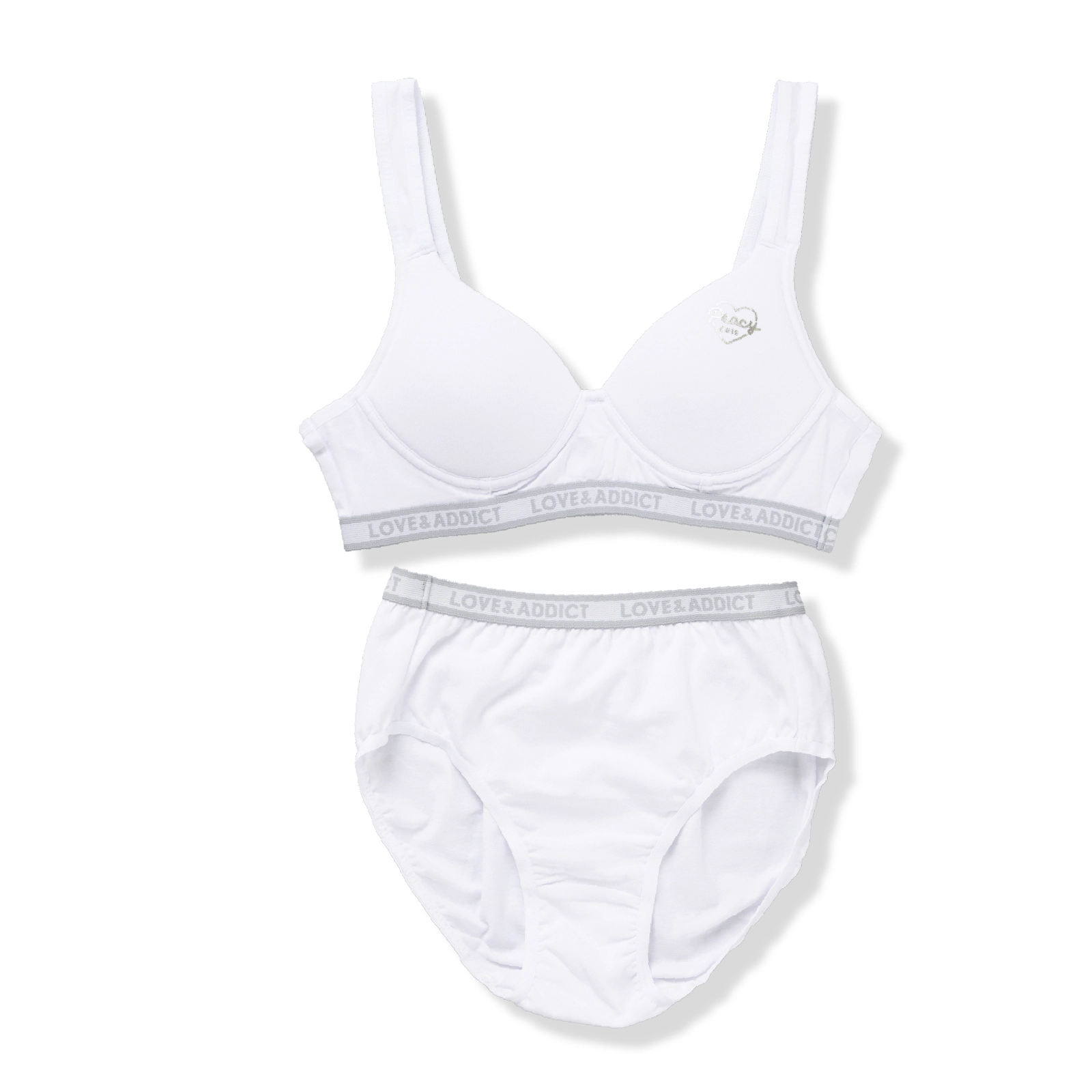 【女の子】セットインナースポーツブラ&ショーツ モールドカップ付き ジュニアブラ 白/箔プリント 150cm・160cm・165cm【吸水速乾/ストレッチ天竺】