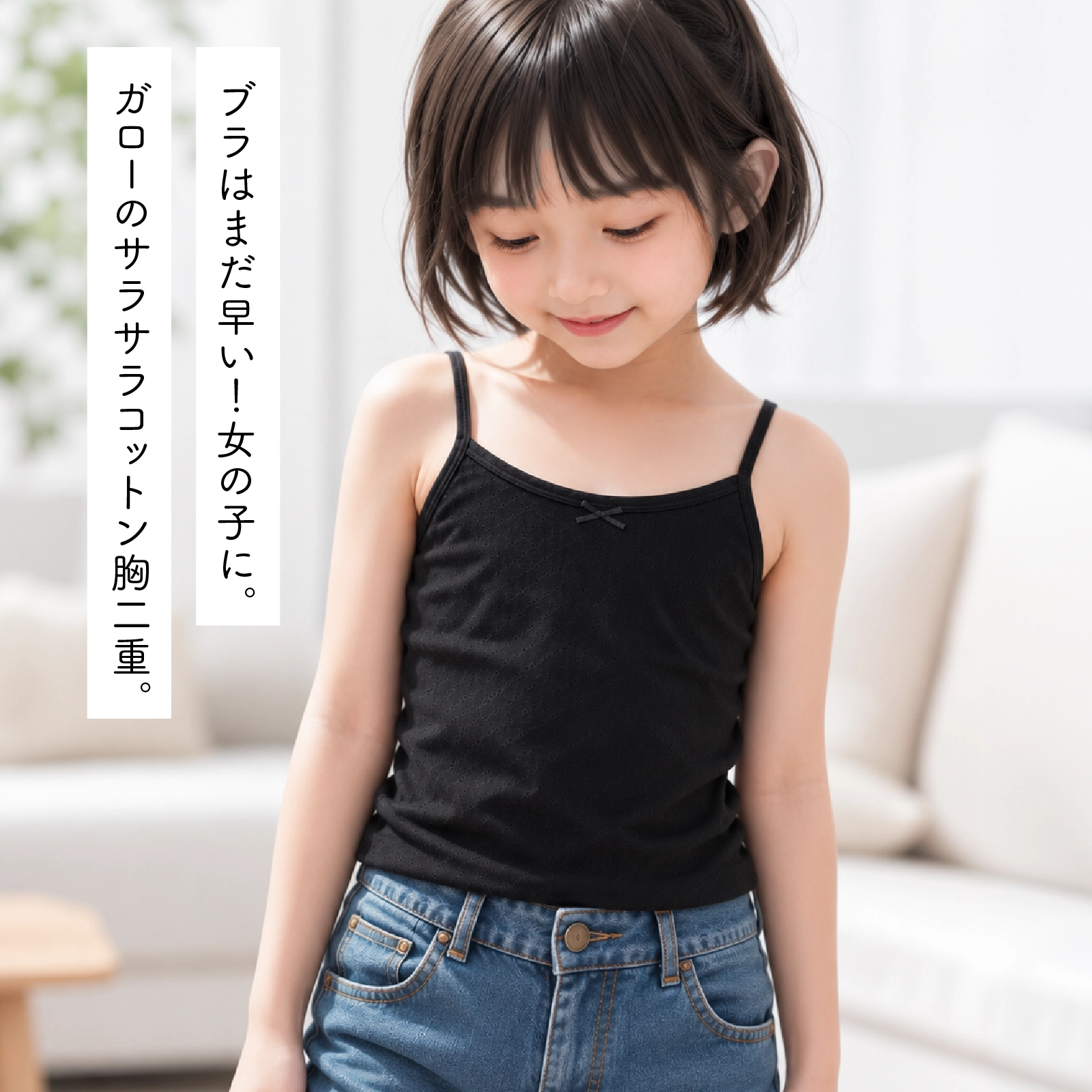 【女の子】サラサラコットン 胸二重キャミソール 2枚組 ブラック 綿100％ 吸水速乾｜140cm,150cm,160cm,165cm 小学校高学年 中学生向け