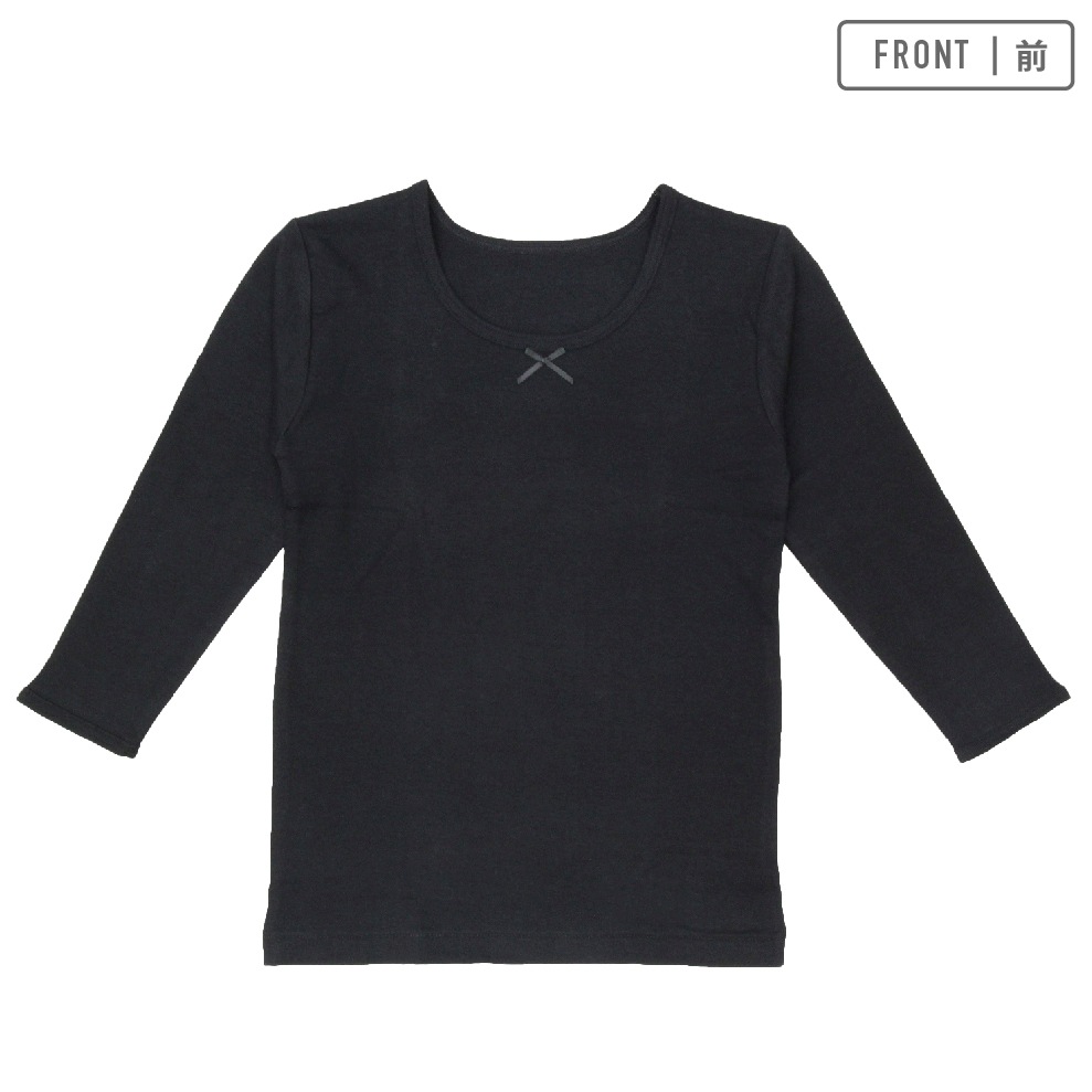 【女の子】キッズジュニア長袖(8分袖)　2枚組　黒無地/リボン付き　100～160m【綿100％/厚地】