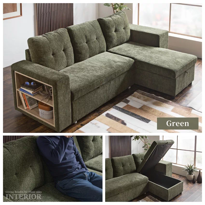 カウチソファ 3人掛け 4人掛け 北欧 おしゃれ 幅250cm 座面下収納 棚付き ファブリックレザ | 13