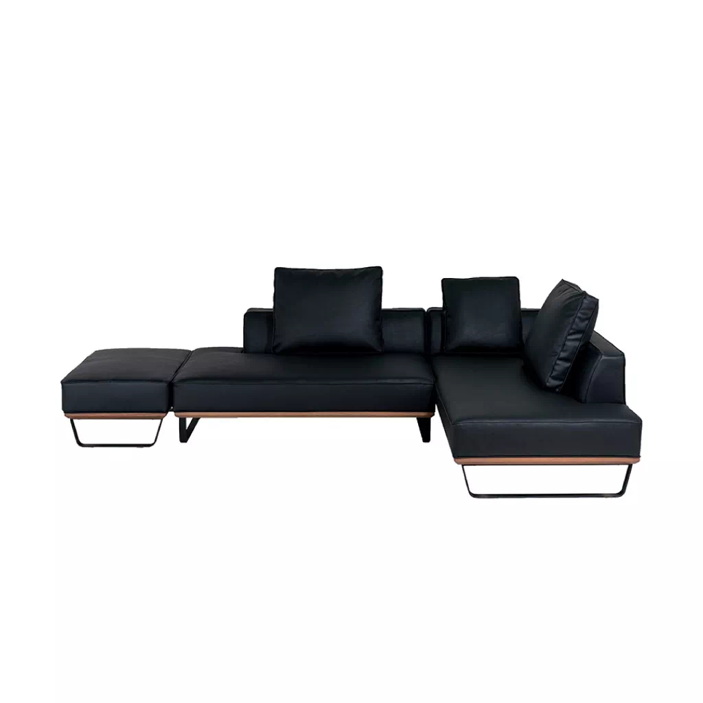 ブラックレザーのL字型3人掛けソファ L字型カウチソファ 3