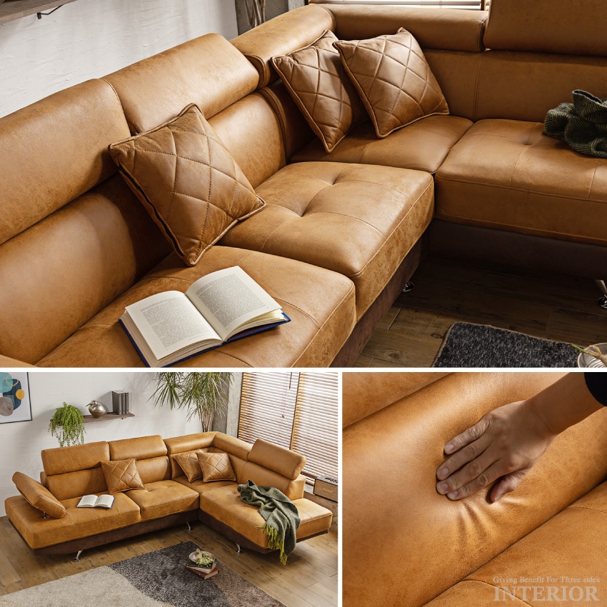 カウチソファー おしゃれ 高級 ローソファ 幅263cm L字 キャメル カフェ ブラウン コーナー | 3