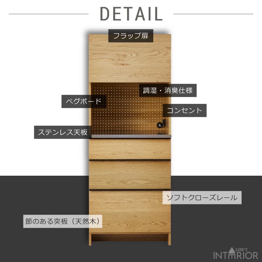 ニッポネア キッチンボード ハイタイプ 幅70cm オウル 食器棚 日本製 おしゃれ 半完成品 ダイ | 8