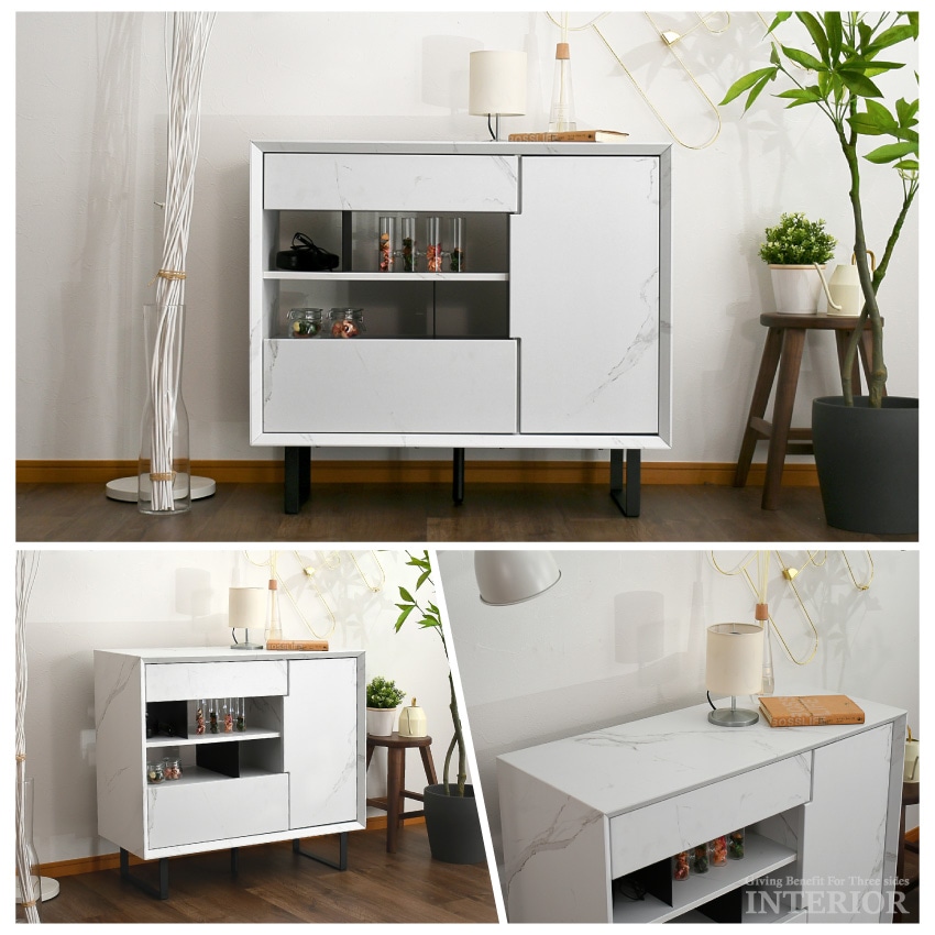 新生活 キャビネット 90幅 大理石調 おしゃれ チェスト ロー