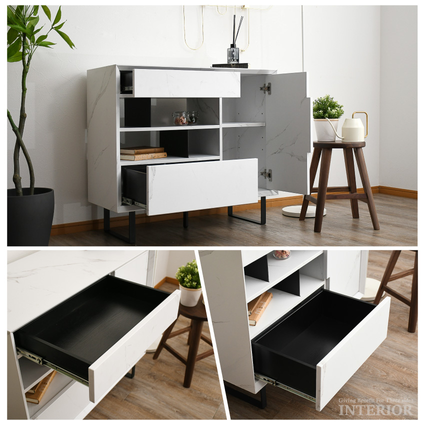 新生活 キャビネット 90幅 大理石調 おしゃれ チェスト ロー