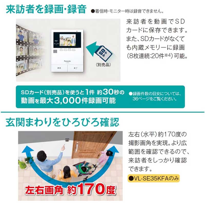 パナソニック Panasonic テレビドアホン インターホン 電源コード式 録画 録音 VL-SE35KFAの3枚目画像
