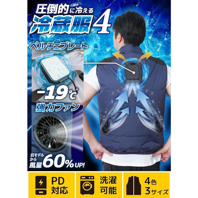 THANKO サンコー ファン付き 冷蔵服4 ベスト PDモバイルバッテリーセット 3L ストームホワイト TKCV25 熱中症対策グッズ 建設現場 作業服 作業着 ベスト 熱中症対策 グッズ 現場の2枚目画像