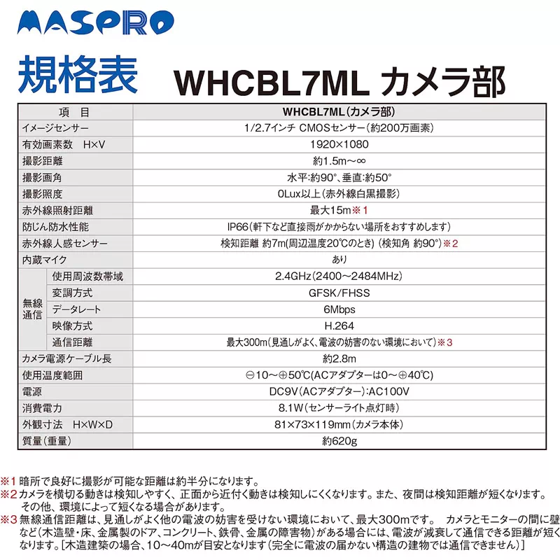 マスプロ ワイヤレスHDカメラセット モニター WHCBL7ML バッテリーレス センサーライト付き | 6