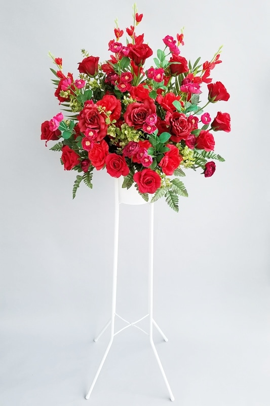 レッド系 造花スタンド花1段 東京23区・横浜市・川崎市など近隣地域限定！