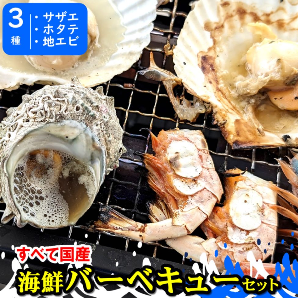 【送料無料】ホタテ（片貝）・サザエ・地エビの３種海鮮バーベキューセット【冷凍】（さざえ、ほたて、帆立、ｂｂｑ 貝殻）