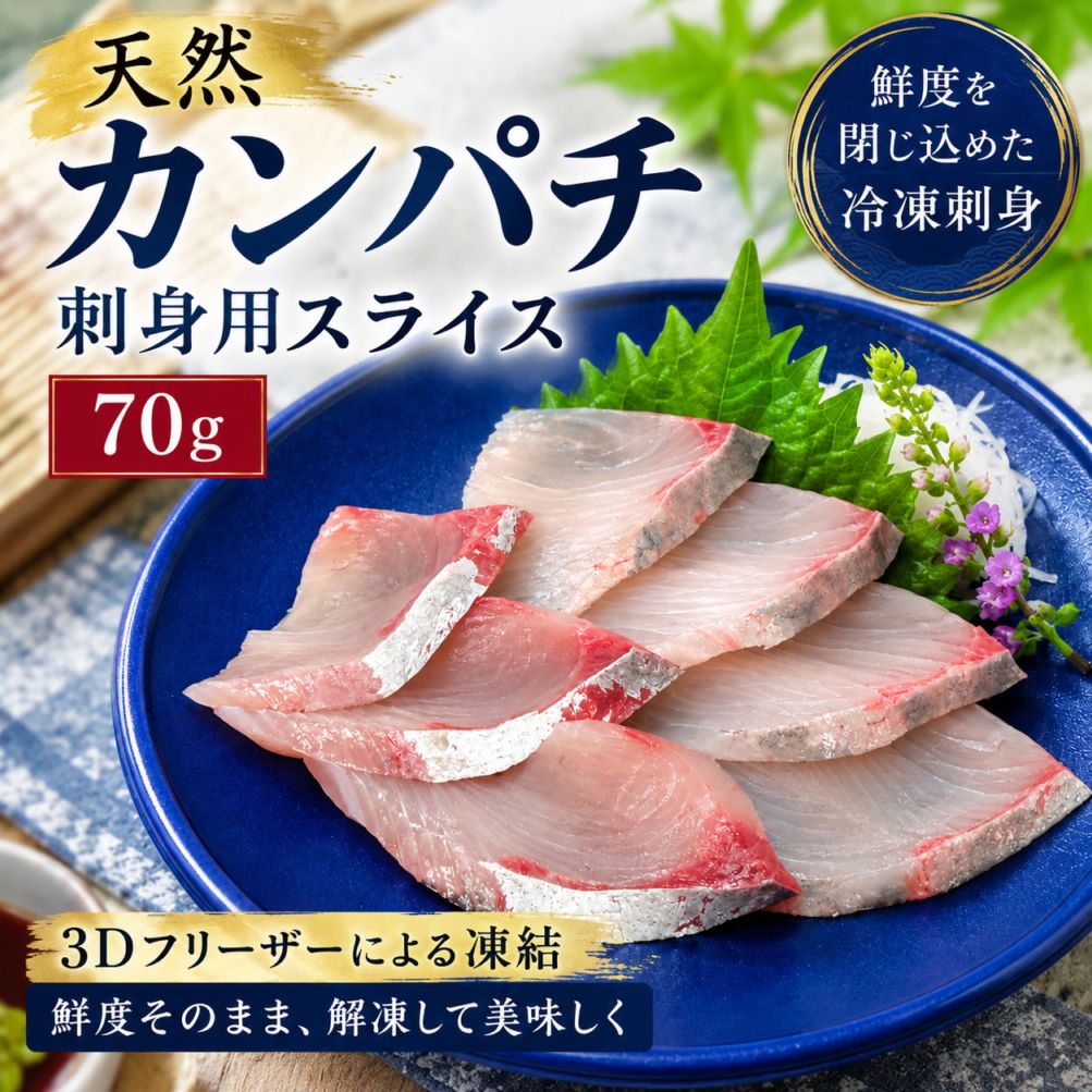 天然 カンパチ 刺身用 スライス（冷凍）70ｇ 兵庫県産　解凍するだけでお刺身が食べられます