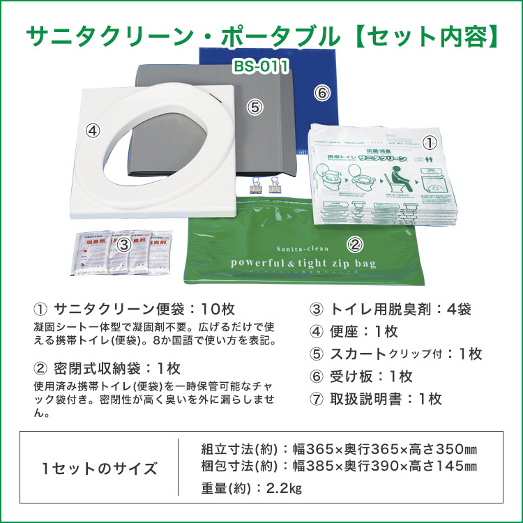 非常用トイレ サニタクリーン・ポータブル 組立式 簡易トイレ トイレセット 便袋10枚入 防臭・防疫効果に優れた高速吸水シートを圧着した袋 断水