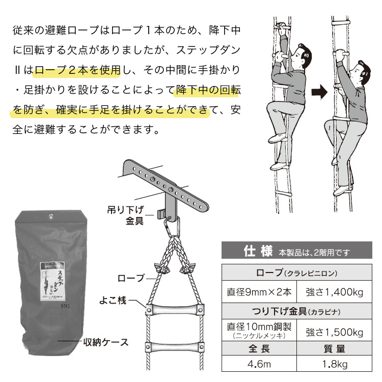 ステップダン II 型 5013 避難用ロープ装置　5個 楽天市場】避難ロープ ステップダンII型(5013) 2階用(全長4.6m-有効長