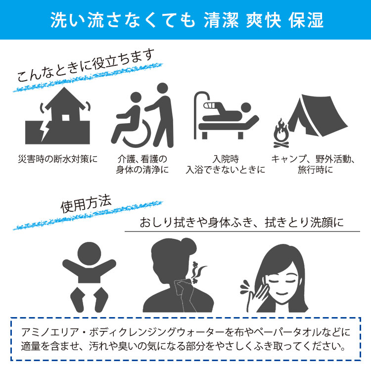 アミノエリア ボディクレンジングウォーター 20ml 全身清浄液 弱酸性 アルコールフリー 保湿 防災 備蓄 洗浄 洗顔 頭皮