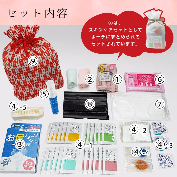 女性用のための衛生用品セット 災害用レディース9点セット  防災セット 女性用セット 衛生用品 スキンケア 清潔　ご注文後2週間程度でお届け