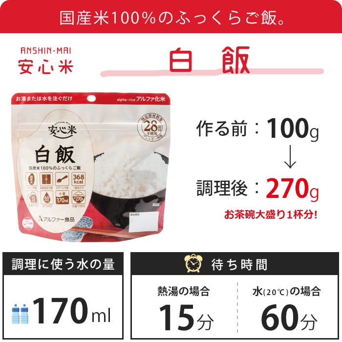 非常食アルファ米 安心米 白飯 100ｇ アルファー食品[M便 1/4]