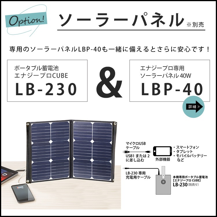 非常用電源 ポータブル蓄電池 エナジー プロ CUBE LB-230 蓄電容量230Wh コンパクト つなぎっぱなし充電 ライノプロダクツ