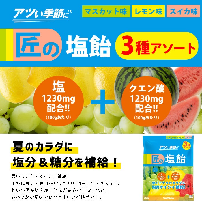 熱中症対策 サラヤ塩分補給キャンディ 匠の塩飴３種アソート750g マスカット味・レモン味・スイカ味 #27860