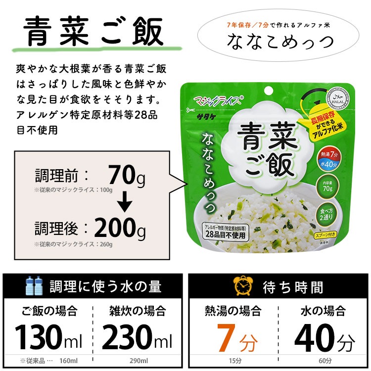 非常食 保存食 アルファ米 マジックライス ななこめっつ 青菜ご飯 70g 【賞味期限2031年1月迄】7年保存 サタケ  [M便 1/4]