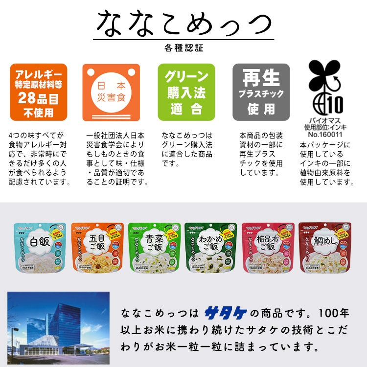 非常食 保存食 アルファ米 マジックライス ななこめっつ 青菜ご飯 70g 【賞味期限2031年1月迄】7年保存 サタケ  [M便 1/4]