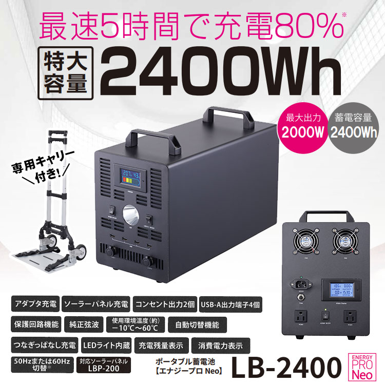 非常用電源 大容量 ポータブル蓄電池 エナジー プロ Neo LB-2400 蓄電容量2400Wh 自動切替 ライノプロダクツ