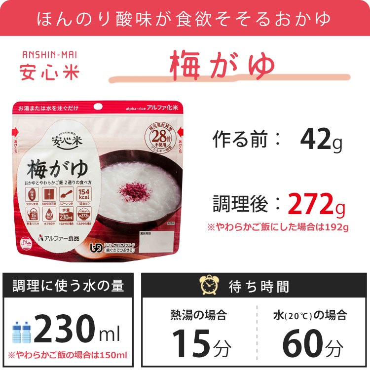 【アウトレットお得!2028年11月迄】 アルファ米 安心米 梅がゆ 42g アルファー食品 [M便 1/4]