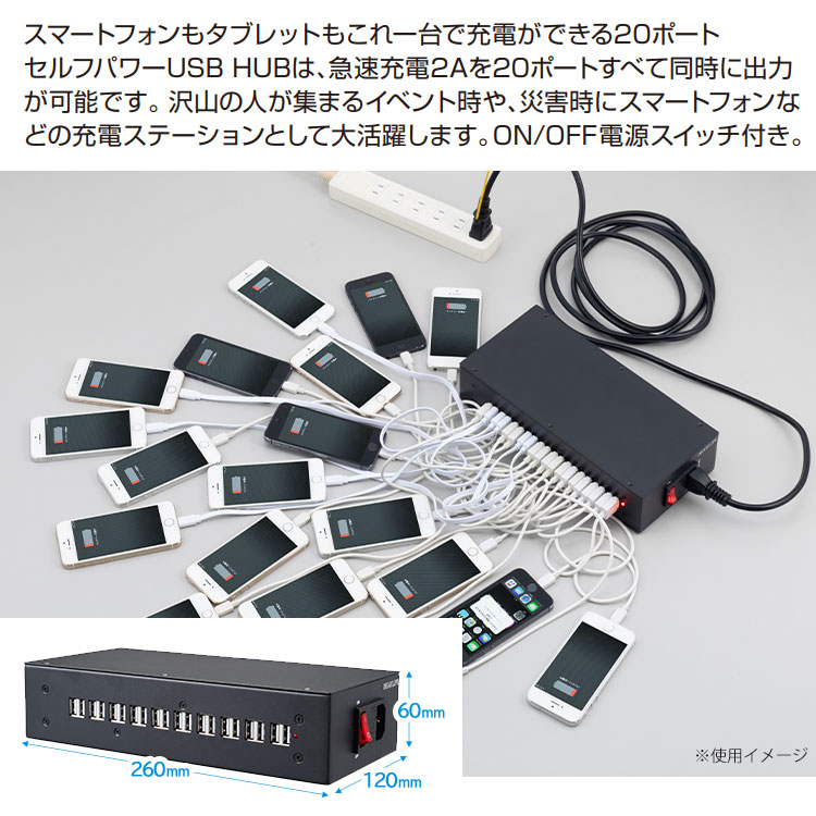 非常用電源 20ポート セルフパワーUSBHUB 200W LB-20HUB ライノプロダクツ 同時充電