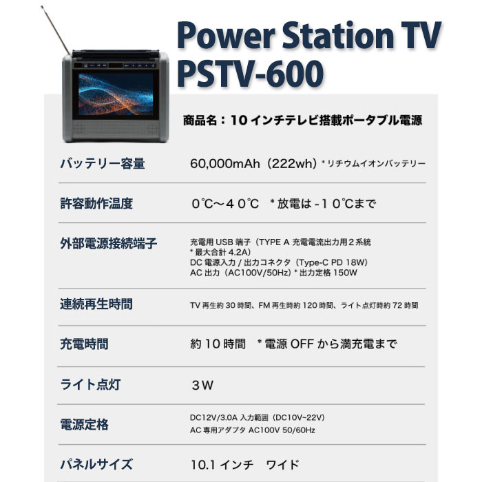 非常用バッテリー 10インチテレビ搭載ポータブル電源 WizzPowerStationTV PSTV-60 パワーステーション TV ラジオ