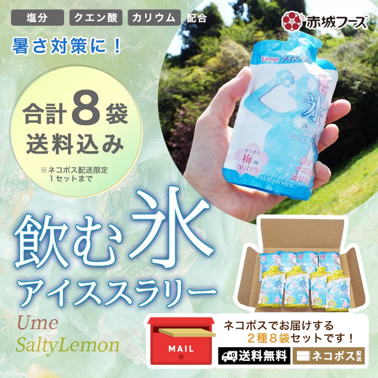 赤城フーズ 飲む氷 アイススラリー 2種8個セット 送料無料 梅味4個・塩レモン味4個 熱中症 予防 [M便 1/9]