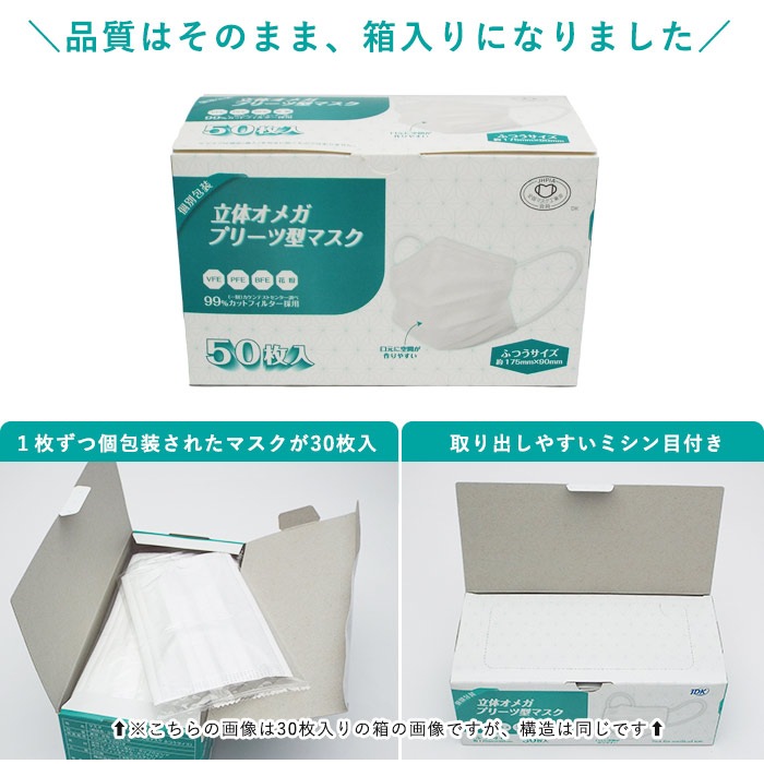 個包装マスク 50枚セット 立体オメガプリーツ型マスク ふつうサイズ175