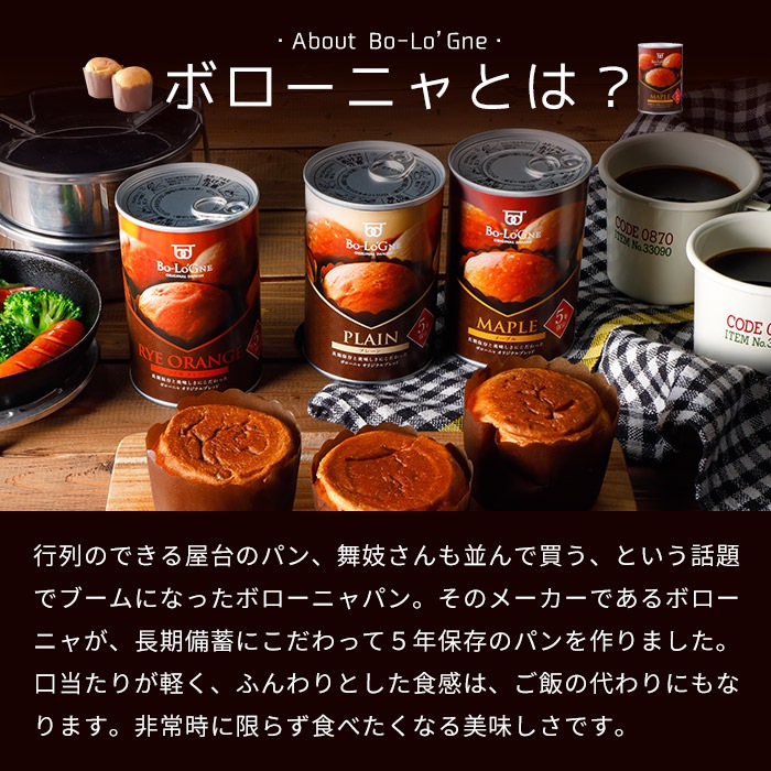 非常食 備蓄deボローニャ 3種6缶セット プレーン・メープル・ライ麦オレンジ 5年保存 賞味期限5年 ブリオッシュパン